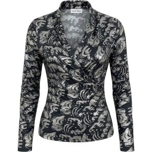 Carry Back Blouse Women 10 Black Silver Metallic Foil Abstract Vintage Glam‎ Top